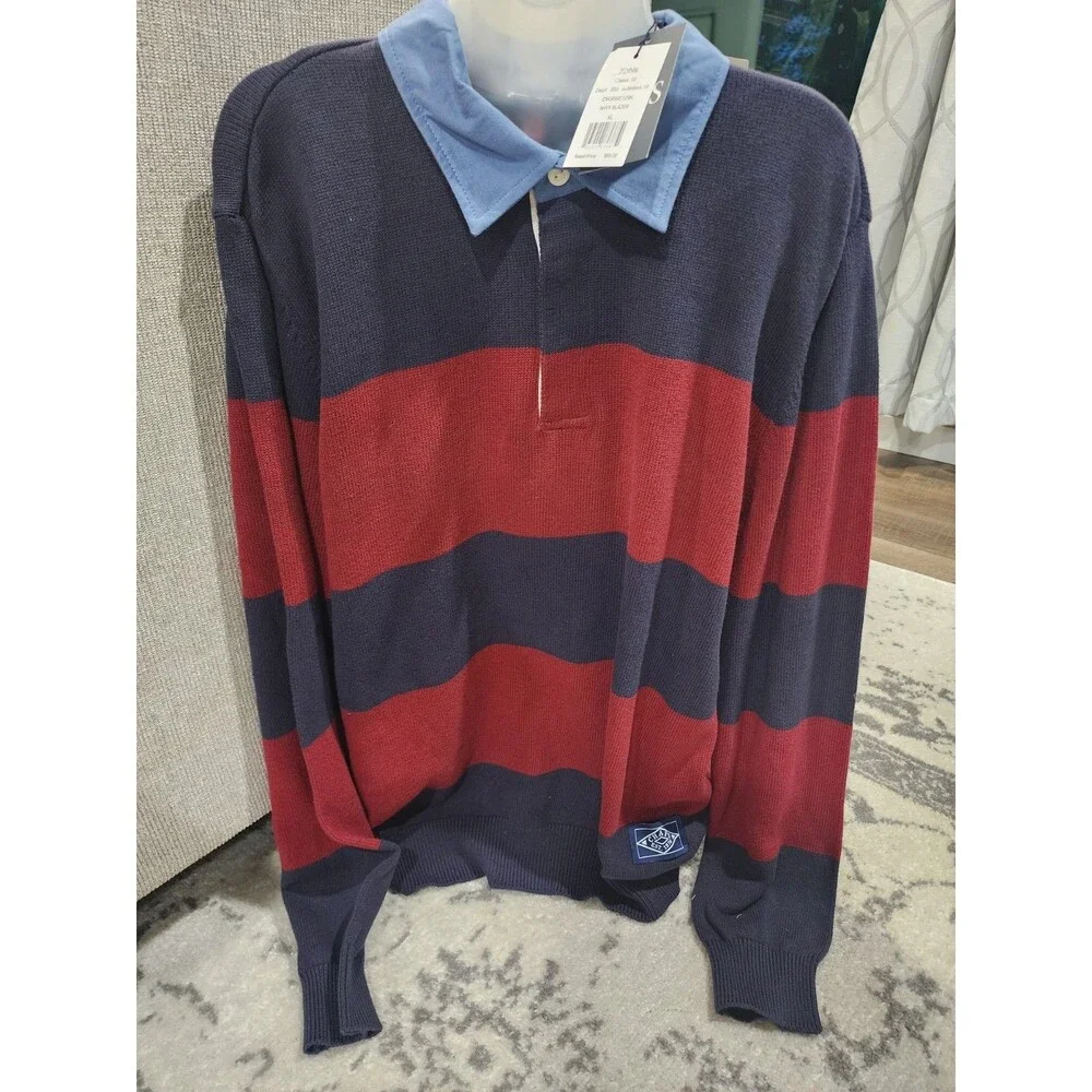 NEW Chaps XL Red And Navy Blue Striped Ruby Sweater Men's Long Sleeve Collared